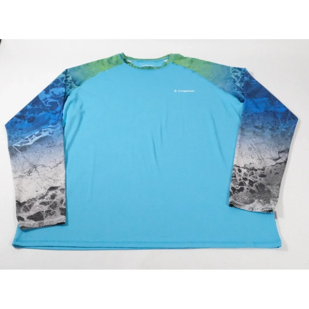 O'Rageous Rash Guard Men 2XL‎ Blue Ocean Wave Long Sleeve Performance Swim Shirt
